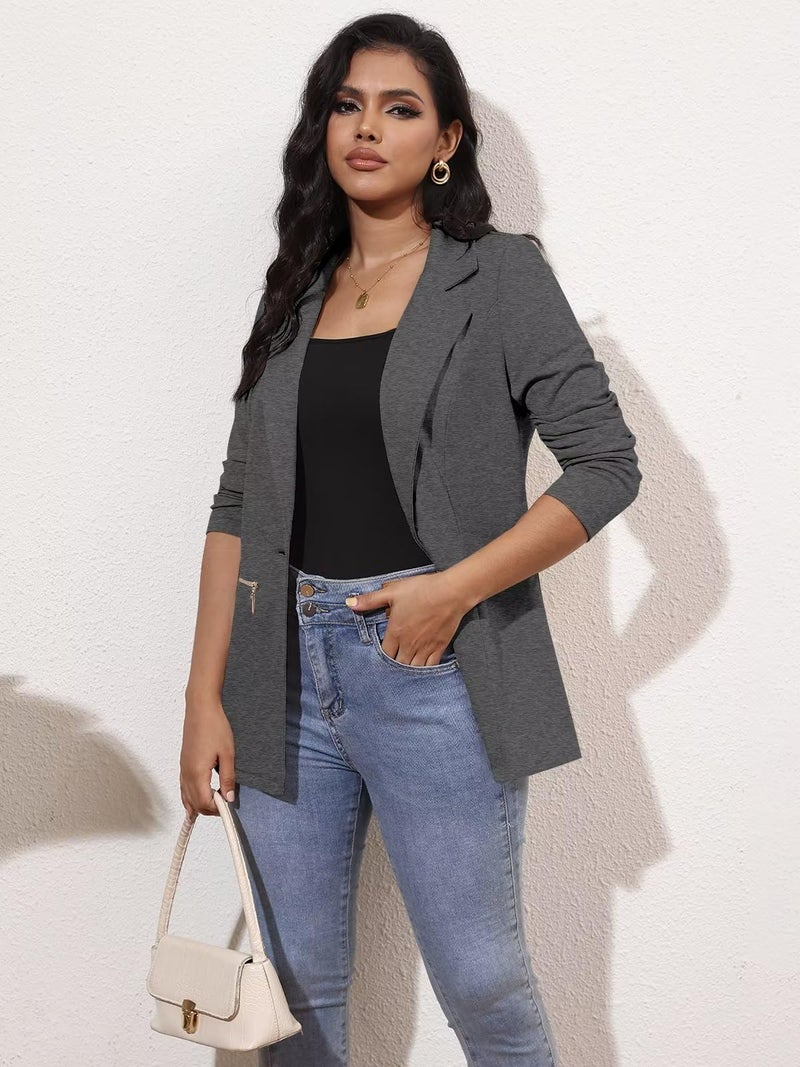 Genhoo Blazers for Women Long Cardigan Work Knit Blazer with Zip Pockets Dark Grey M - Image 2
